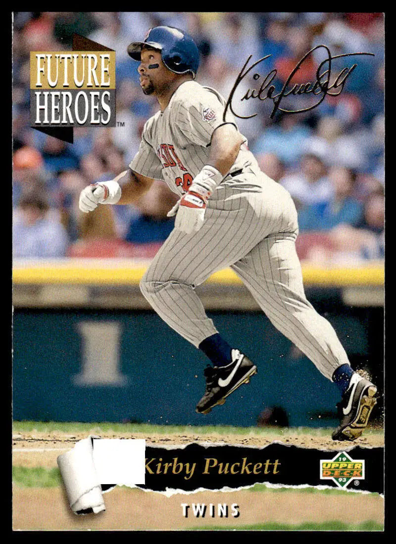 Baseball card of Kirby Puckett in pinstriped uniform for Minnesota Twins baseball