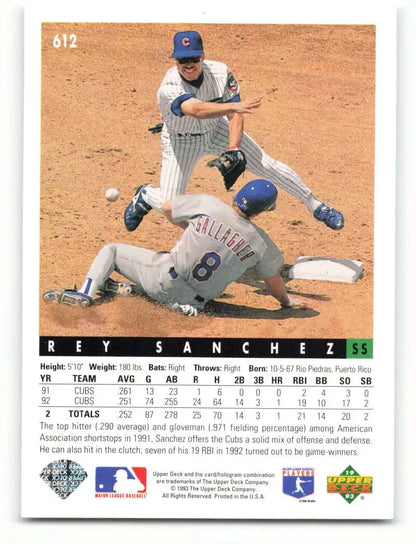 Rey Sanchez sliding into second base on a Chicago Cubs baseball card from 1993 Upper Deck