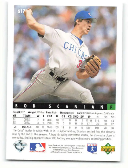 Bob Scanlan mid-throw in white uniform baseball card for Chicago Cubs 1993 Upper Deck