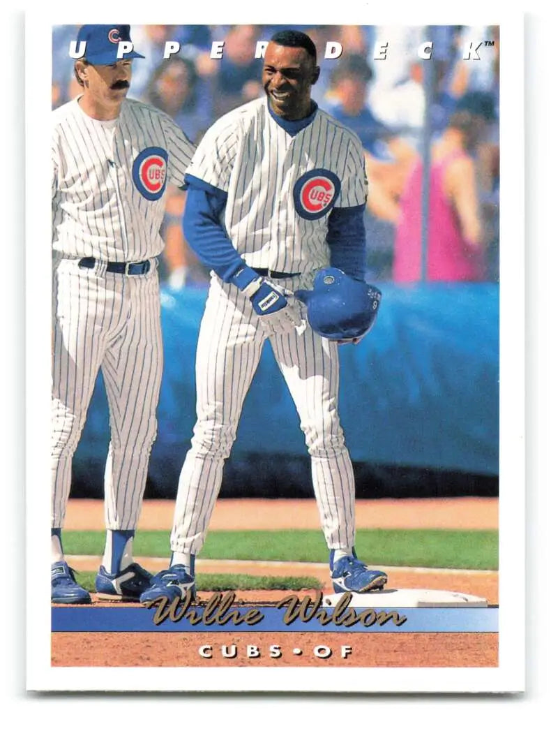 Chicago Cubs baseball card showing players in white pinstriped uniforms on the field