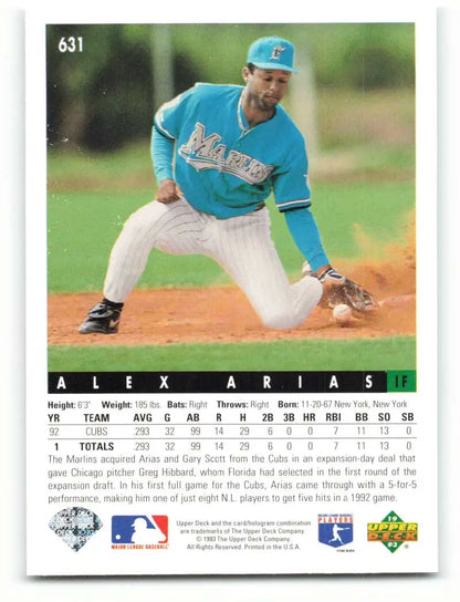 Florida Marlins Baseball Card featuring Alex Arias fielding a ground ball