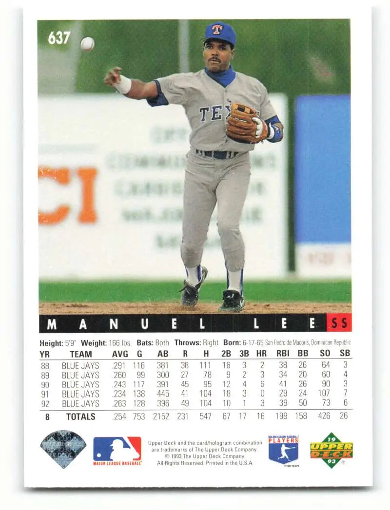 Baseball card of Manuel Lee fielding for the Texas Rangers in 1993 Upper Deck #637