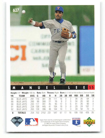 Baseball card of Manuel Lee fielding for the Texas Rangers in 1993 Upper Deck #637