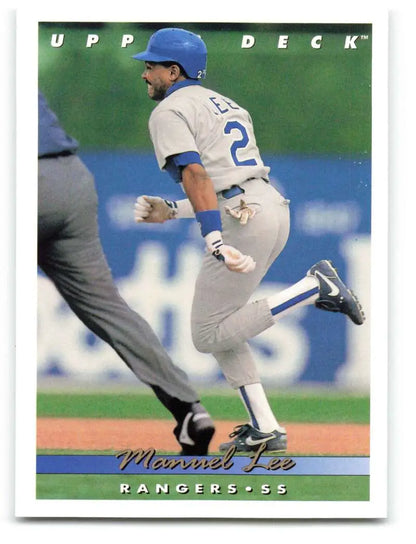 Baseball player Manuel Lee in Texas Rangers uniform on a field for baseball card