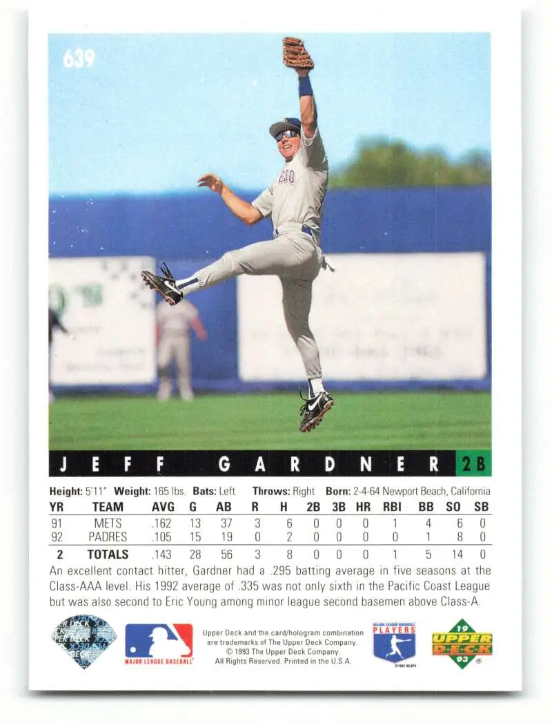 Baseball card of Jeff Gardner catching a ball for the San Diego Padres against a blue sky