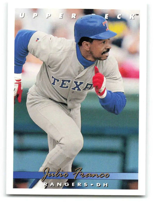 Julio Franco in Texas Rangers road uniform ready to field a ball, featured on card