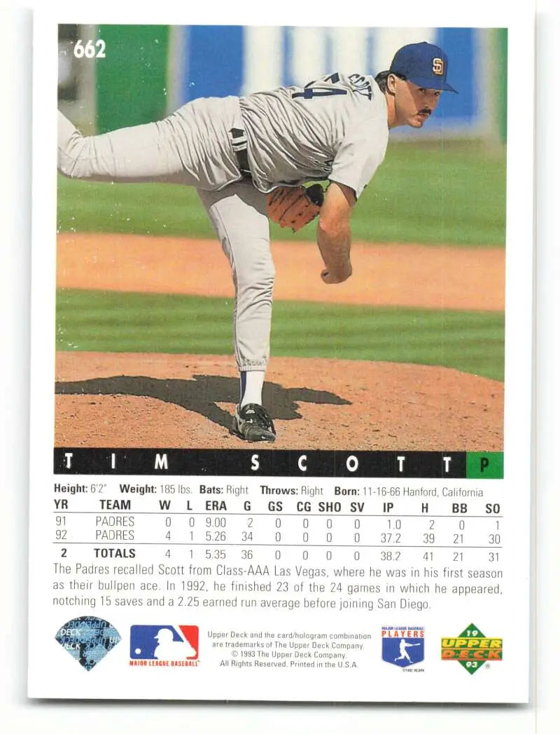 Tim Scott in mid-delivery for the San Diego Padres on a 1993 Upper Deck baseball card