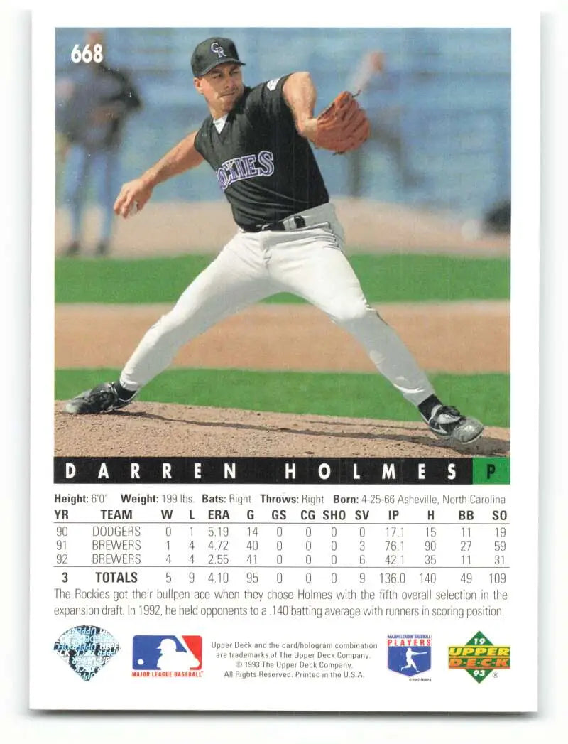 Baseball card of Darren Holmes in mid-delivery for the Colorado Rockies