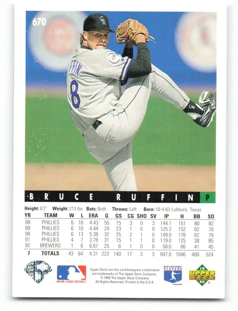 1993 Upper Deck #670 Bruce Ruffin pitching in white uniform for Colorado Rockies baseball card