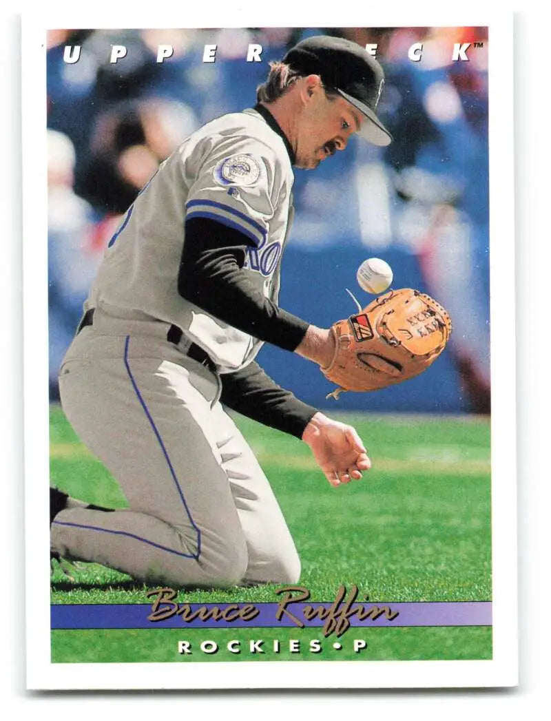 Colorado Rockies player Bruce Ruffin fields a ground ball on a 1993 Upper Deck card