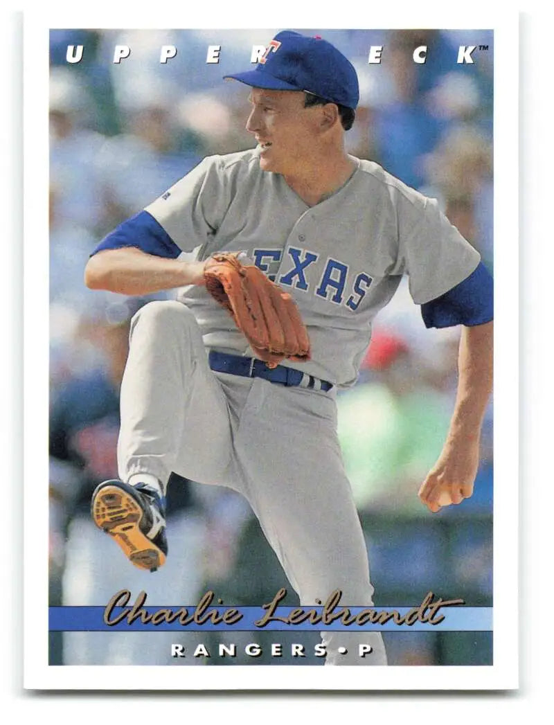 Texas Rangers Charlie Leibrandt pitching in gray uniform baseball card from 1993 Upper Deck