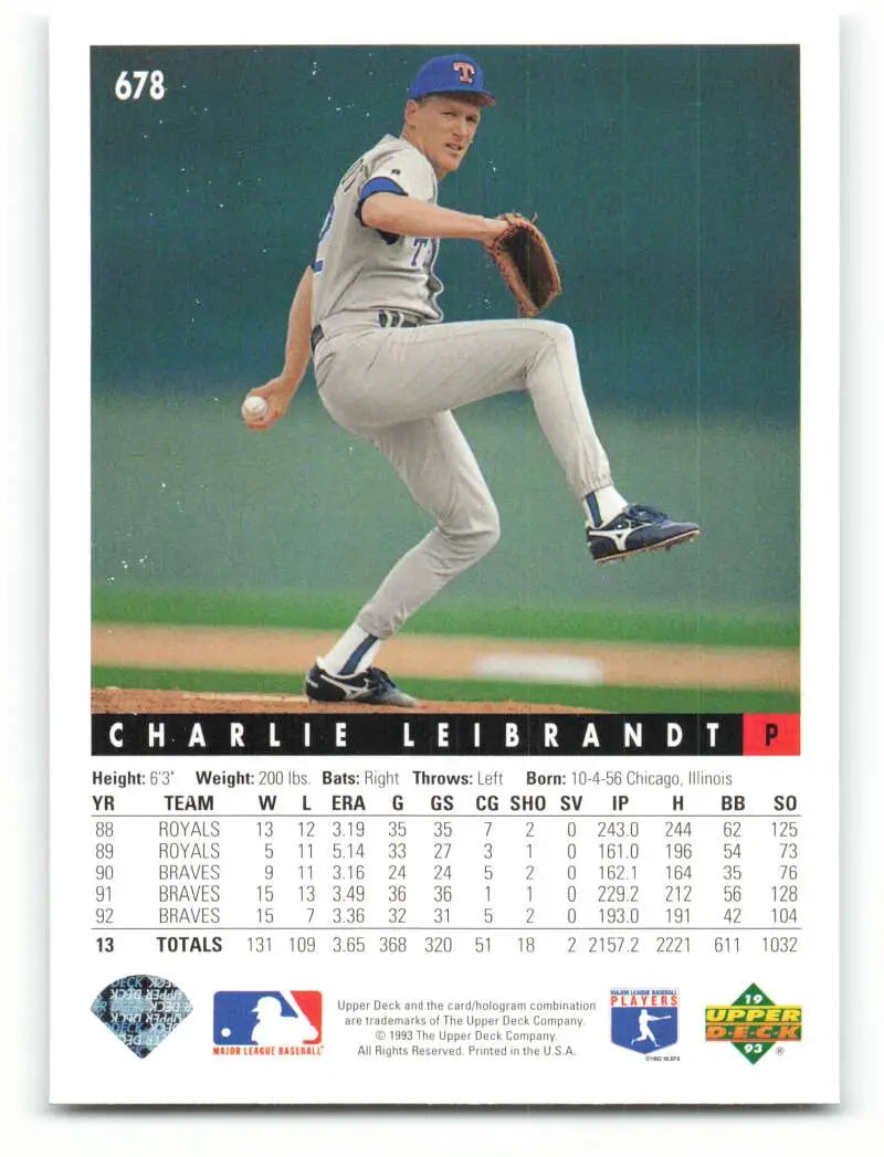 Texas Rangers baseball card featuring Charlie Leibrandt in mid-delivery gray uniform