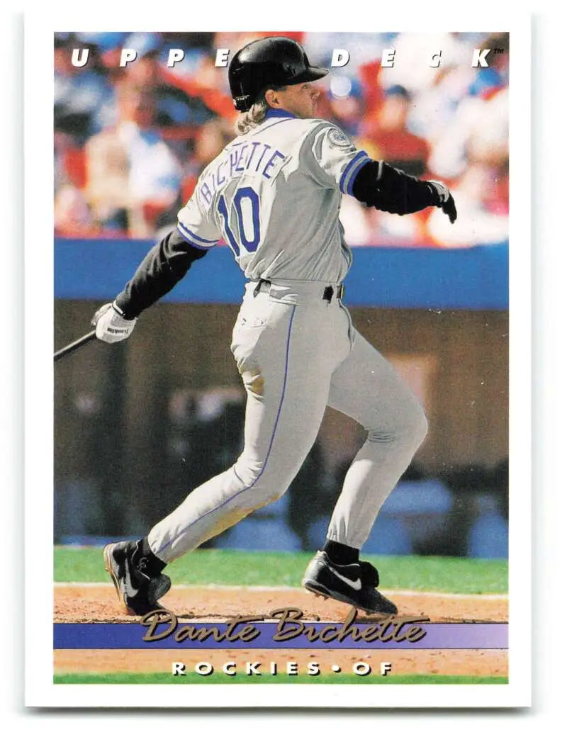 Baseball player in gray Colorado Rockies uniform swinging, representing Dante Bichette VG Colorado