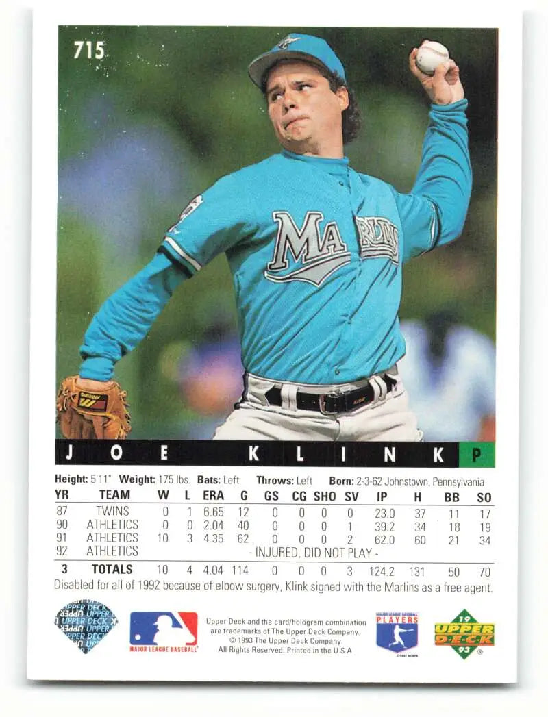 Florida Marlins pitcher Joe Klink mid-throw on 1993 Upper Deck baseball card