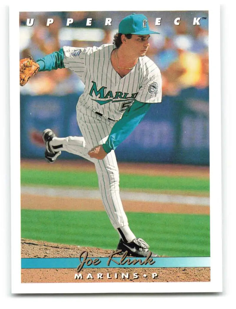 Florida Marlins pitcher Joe Klink in pinstripe uniform on 1993 Upper Deck baseball card