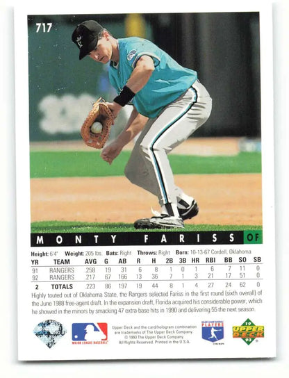 Monty Fariss fielding in teal uniform on 1993 Upper Deck Florida Marlins baseball card