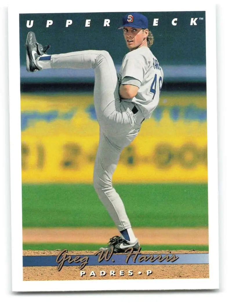 Baseball pitcher Greg Harris in white uniform during windup for San Diego Padres card