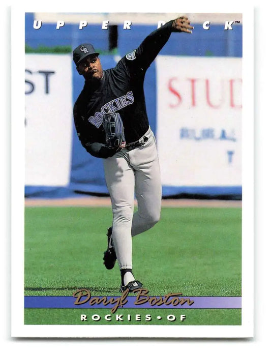 Daryl Boston in black Colorado Rockies uniform pitching on Upper Deck baseball card