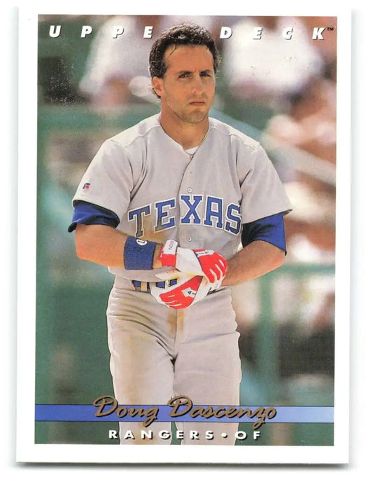 Baseball card of Doug Dascenzo in gray Texas Rangers road uniform, 1993 Upper Deck