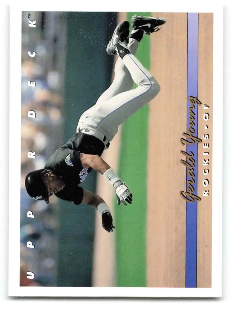 Gerald Young executing a somersault on the 1993 Upper Deck Colorado Rockies Baseball Card