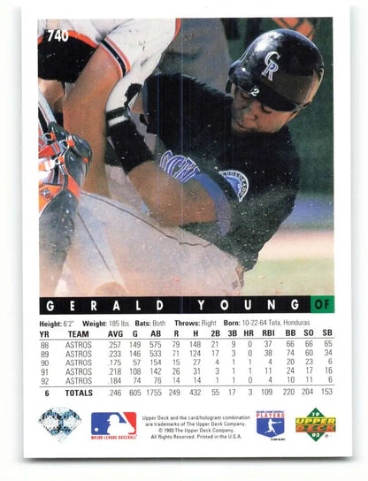 Baseball card of Gerald Young sliding into base for the Colorado Rockies