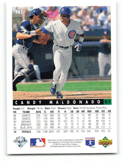 Candy Maldonado baseball card featuring a Chicago Cubs batter and catcher in action