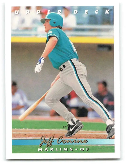 Jeff Conine batting in teal jersey on 1993 Florida Marlins Baseball Card