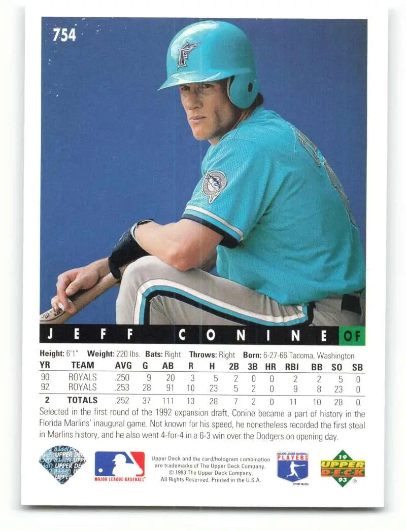 Jeff Conine in teal Florida Marlins uniform sitting in dugout for Marlins baseball card