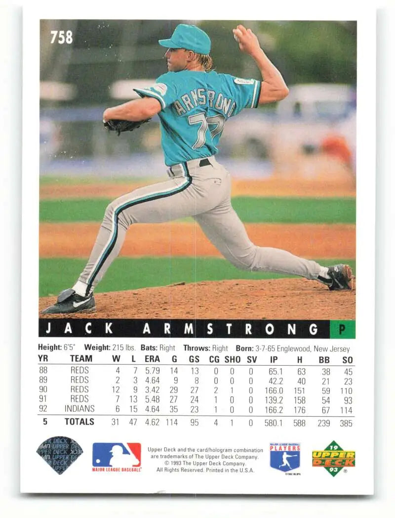 Jack Armstrong in mid-delivery on a 1993 Upper Deck baseball card for Florida Marlins