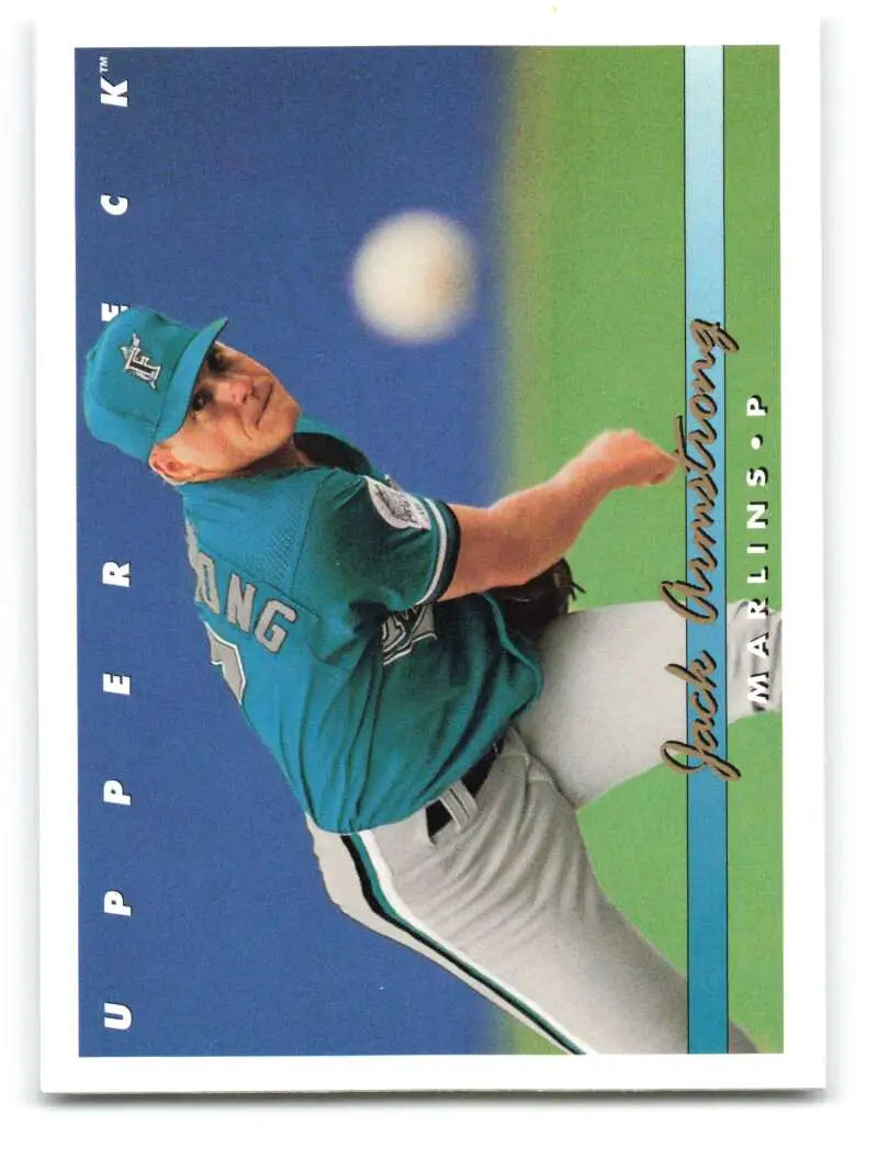 Jack Armstrong in teal Florida Marlins uniform throwing a pitch on Upper Deck baseball card