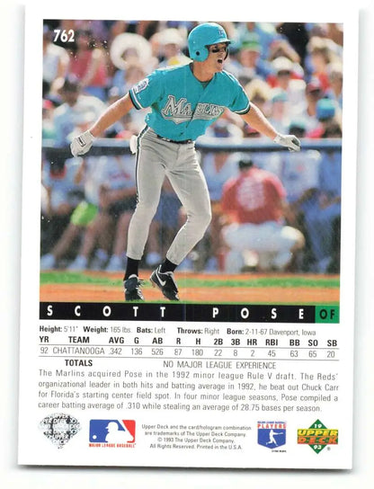 Scott Pose Rookie Florida Marlins Baseball Card in teal uniform at bat