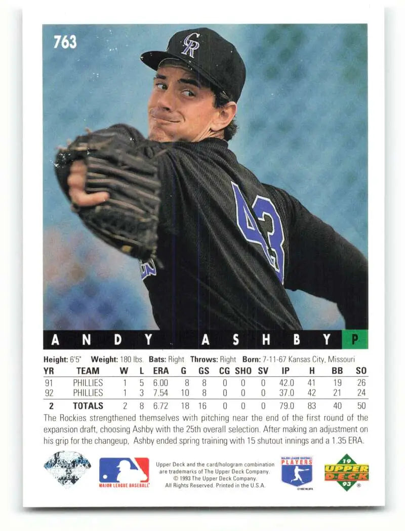 Andy Ashby in mid-throwing motion on a Colorado Rockies baseball card