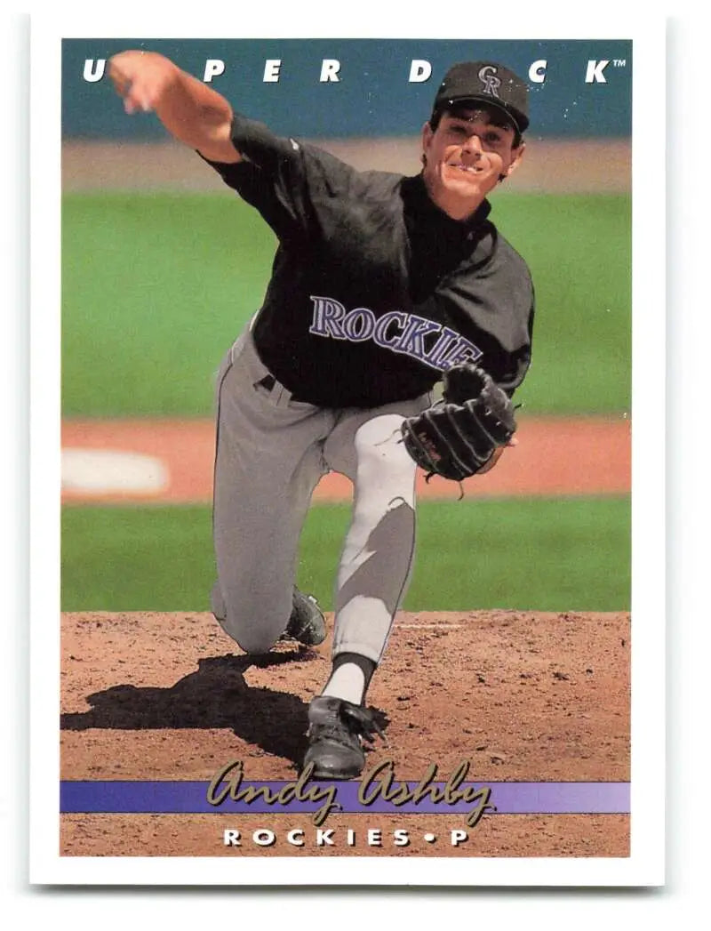 Andy Ashby pitching in black Rockies uniform on 1993 Upper Deck baseball card