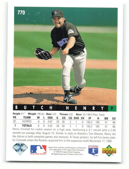 Butch Henry mid-delivery on a 1993 Upper Deck Colorado Rockies baseball card