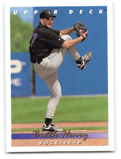 Baseball pitcher Butch Henry in black uniform on 1993 Upper Deck Colorado Rockies card