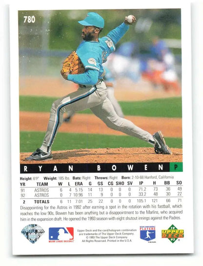 Baseball card of Ryan Bowen in teal Florida Marlins uniform by Upper Deck