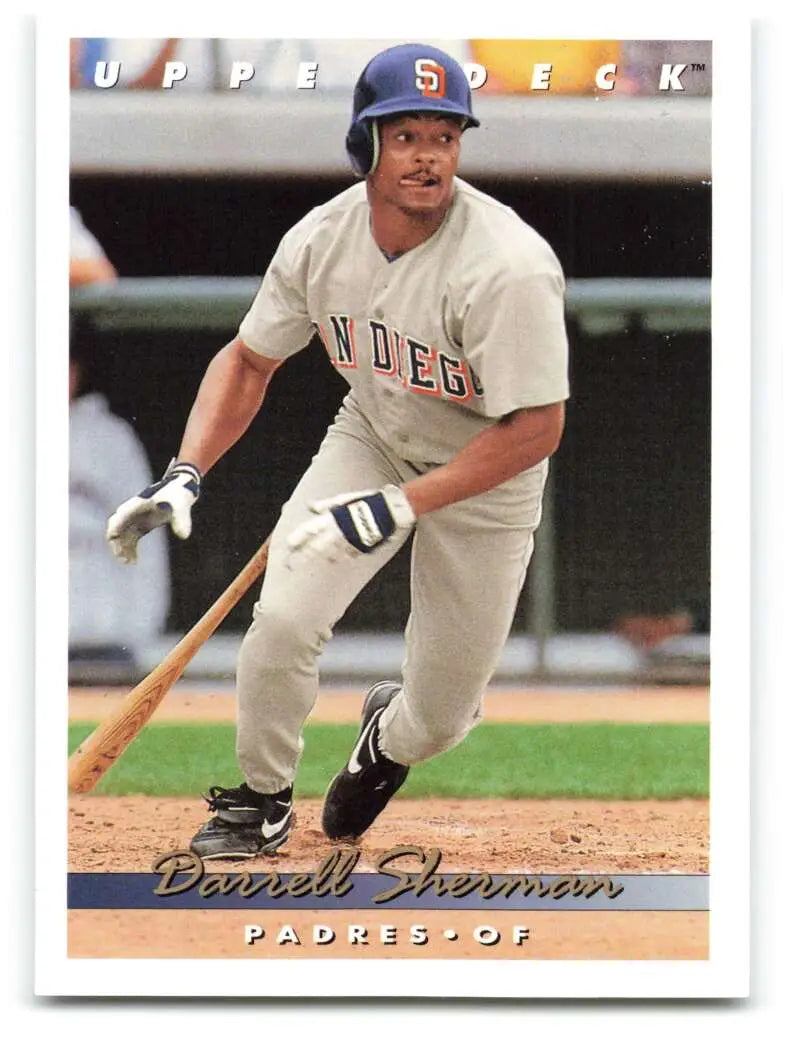 Baseball player in San Diego Padres uniform swinging bat on 1993 Upper Deck card