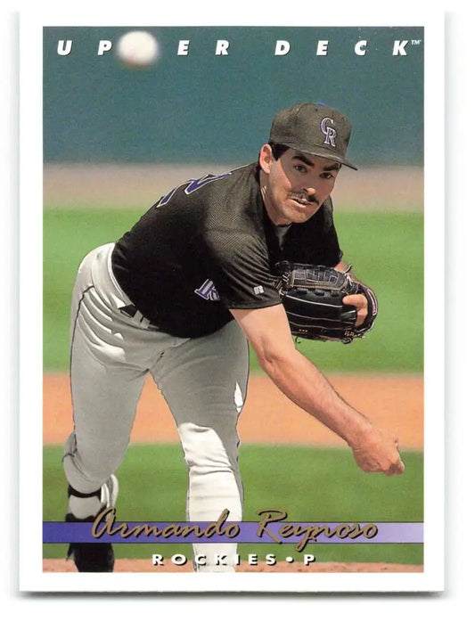 Colorado Rockies pitcher Armando Reynoso mid-pitching in Upper Deck baseball card