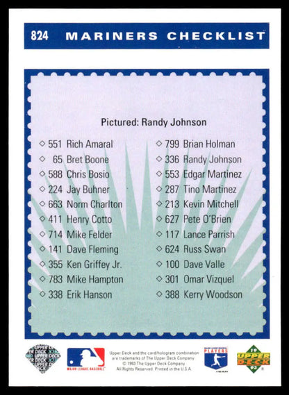 Baseball card featuring Seattle Mariners checklist from Upper Deck with Randy Johnson