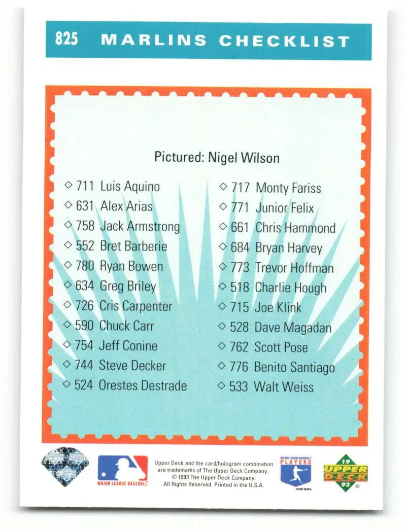 Baseball card checklist featuring Nigel Wilson and Florida Marlins 1993 Upper Deck card