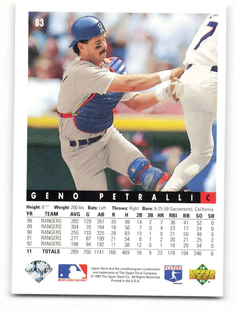 Texas Rangers 1993 Upper Deck #83 Geno Petralli card with catcher making play at home plate