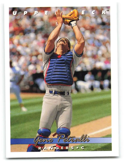 Baseball catcher Geno Petralli in blue chest protector for Texas Rangers Upper Deck card