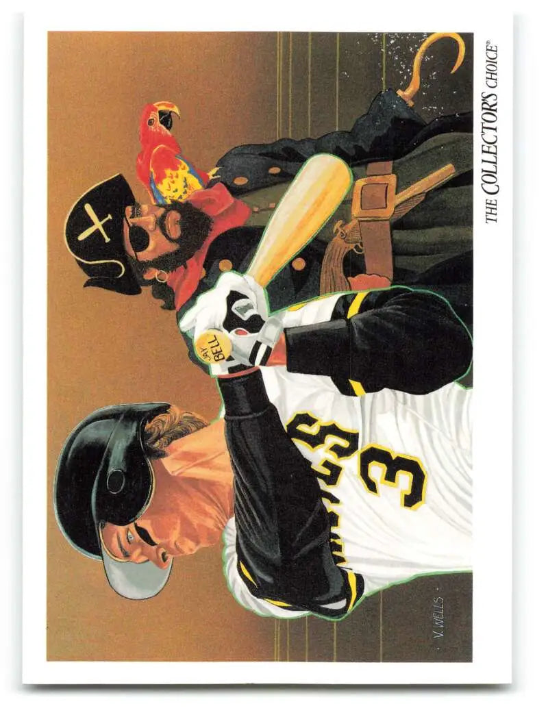 Baseball card featuring Jay Bell colliding with a catcher in Pittsburgh Pirates artwork