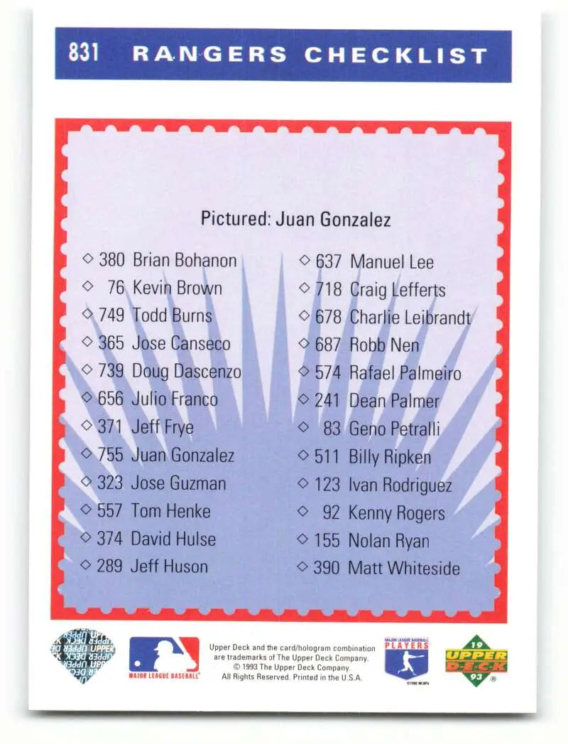 Rangers team checklist card featuring Juan Gonzalez in red and blue borders