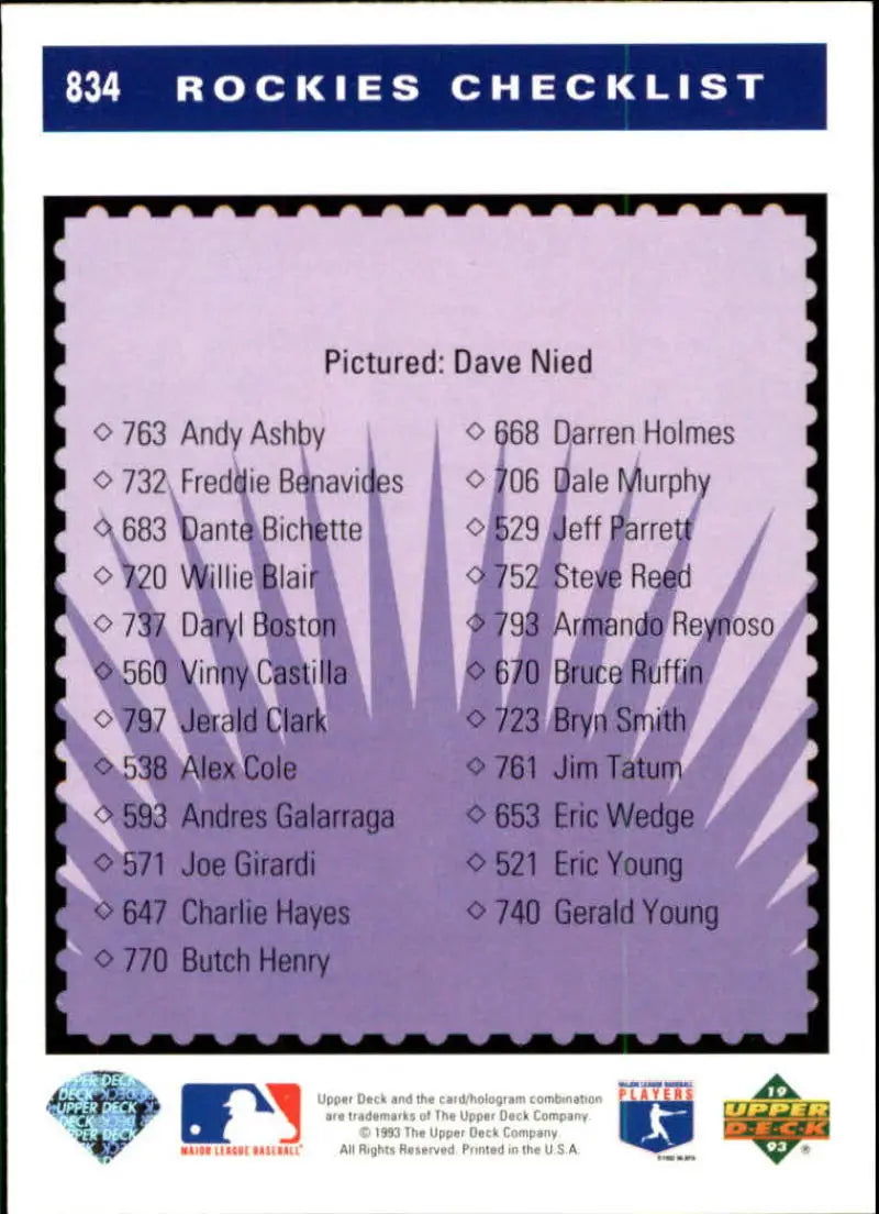 Baseball card checklist for Colorado Rockies players on purple background, featuring David Nied