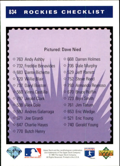 Baseball card checklist for Colorado Rockies players on purple background, featuring David Nied