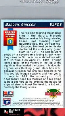 Back of 1993 Upper Deck Grand Slam Holograms #10 Marquis Grissom baseball card