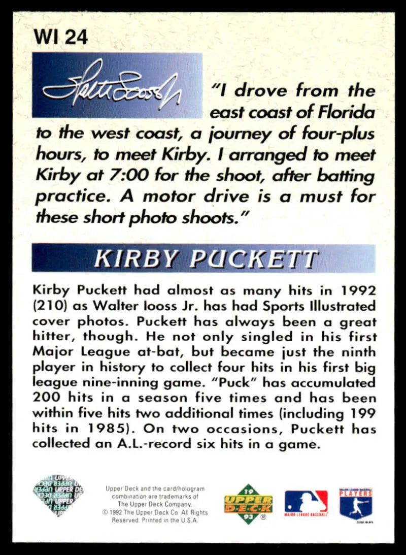 1993 Upper Deck Baseball Card featuring Kirby Puckett’s career achievements