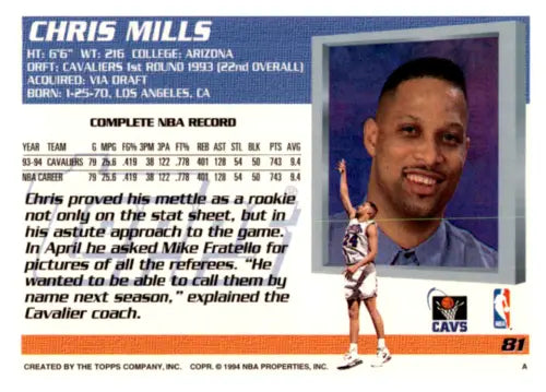 Chris Mills 1994-95 Topps basketball card NM Near Mint original gloss Cavaliers