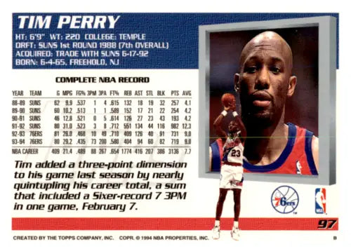 Tim Perry basketball card from 1994-95 Topps featuring original gloss with Simply Sandoval